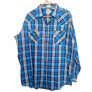 Ely Cattleman Mens XLT Blue Black Plaid Western Pearl‎ Snap Shirt Rodeo Ranch